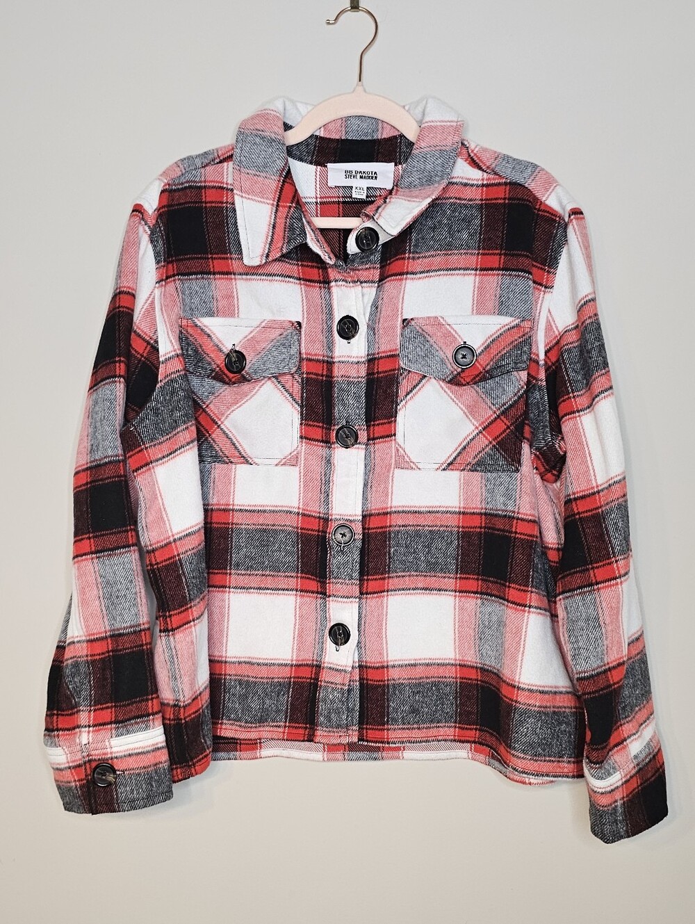 BB Dakota by Steve Madden Fleece Plaid Shacket Button Front XXL Red Black White